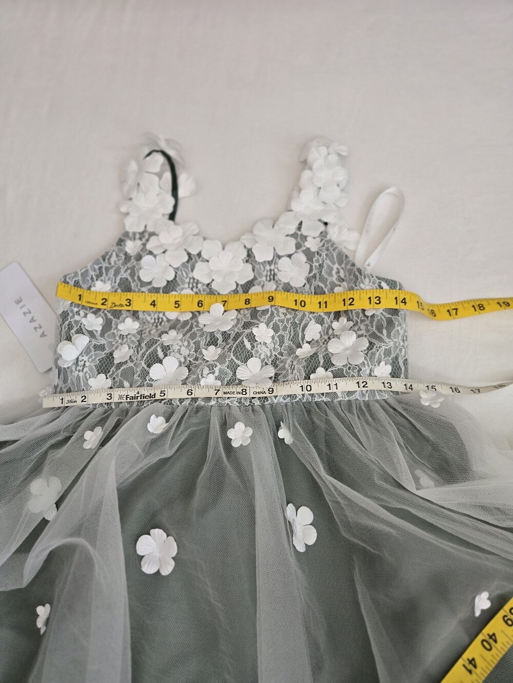 Azazie Celia Flowergirl Dress Eucalyptus Green White Lace 3D Flowers Train 14 - Picture 12 of 16